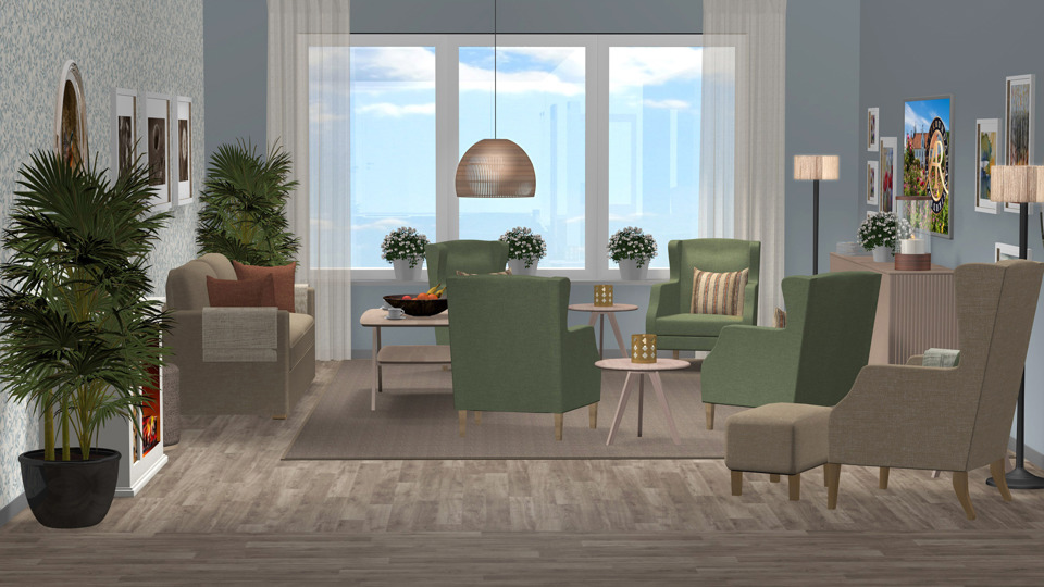 Vardagsrum med modern inredning, öppen spis och neutrala färger, illustration.