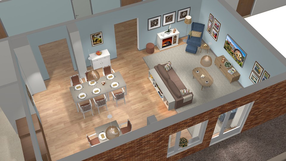 Illustration av ett kombinerat vardagsrum och matdel, sett uppifrån.