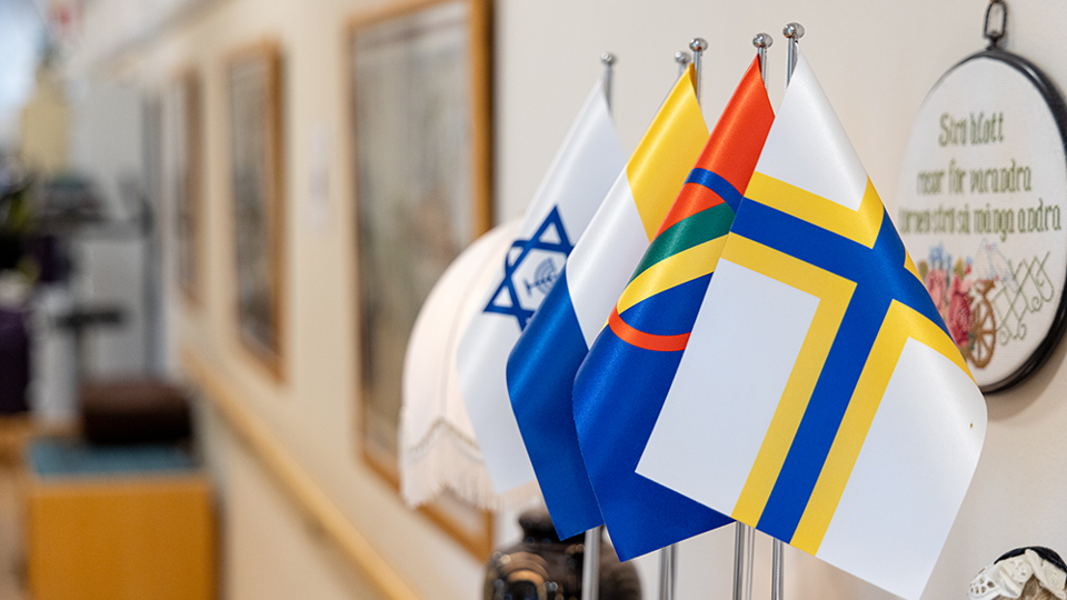 Fyra minoritetsflaggor, sverigefinska flaggan, samernas flagga, tornedalingarnas flagga och en judisk flagga.