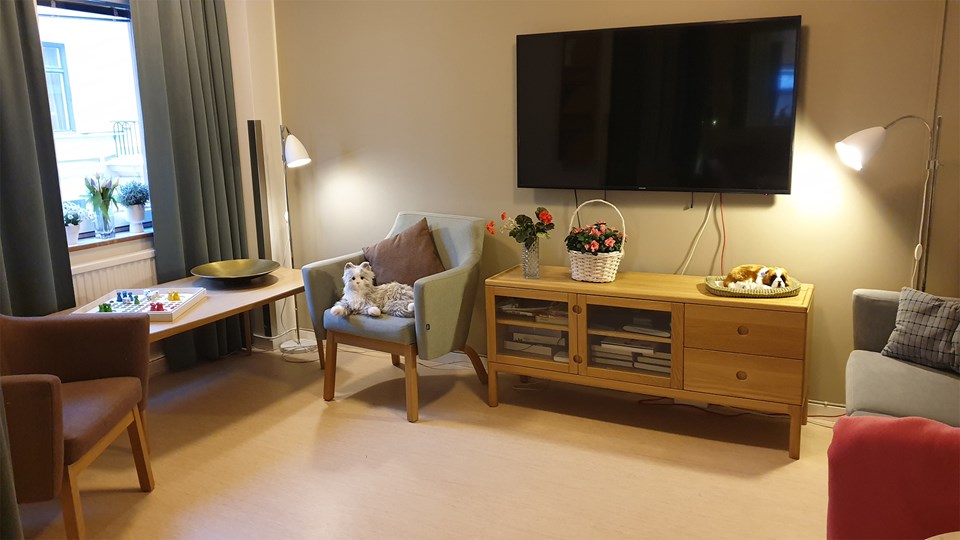 Sällskapsrum med två fåtöljer och en soffa samt ett bord med spel och ett stort fat på. Tv på väggen och gosedjur ligger placerade i rummet som är i varma toner. 
