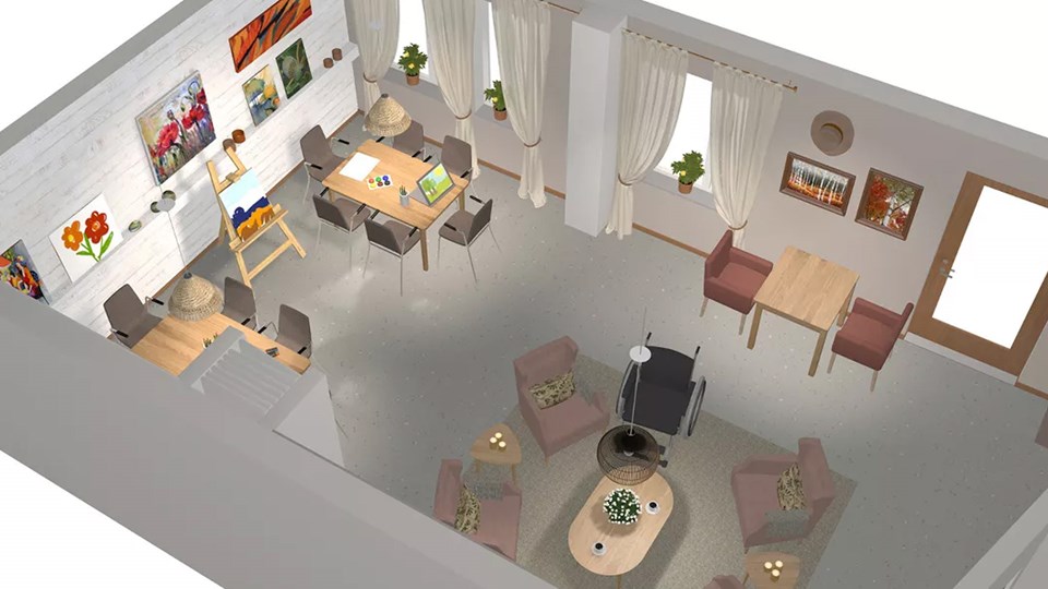 Illustration av ett rum med köks- och vardagsrumsmöbler.