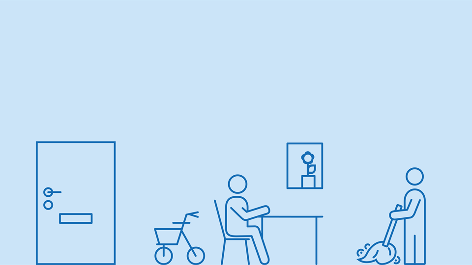 Illustration som föreställer två vuxna, en sitter på en stol och en städar.
